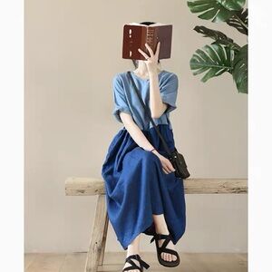 Blue colorblock loose linen maxi dress - elegant patchwork casual - blue / navy